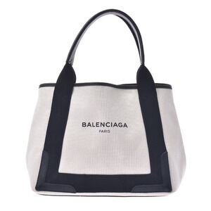 BALENCIAGA Cabas White Black Canvas Leather Handbag